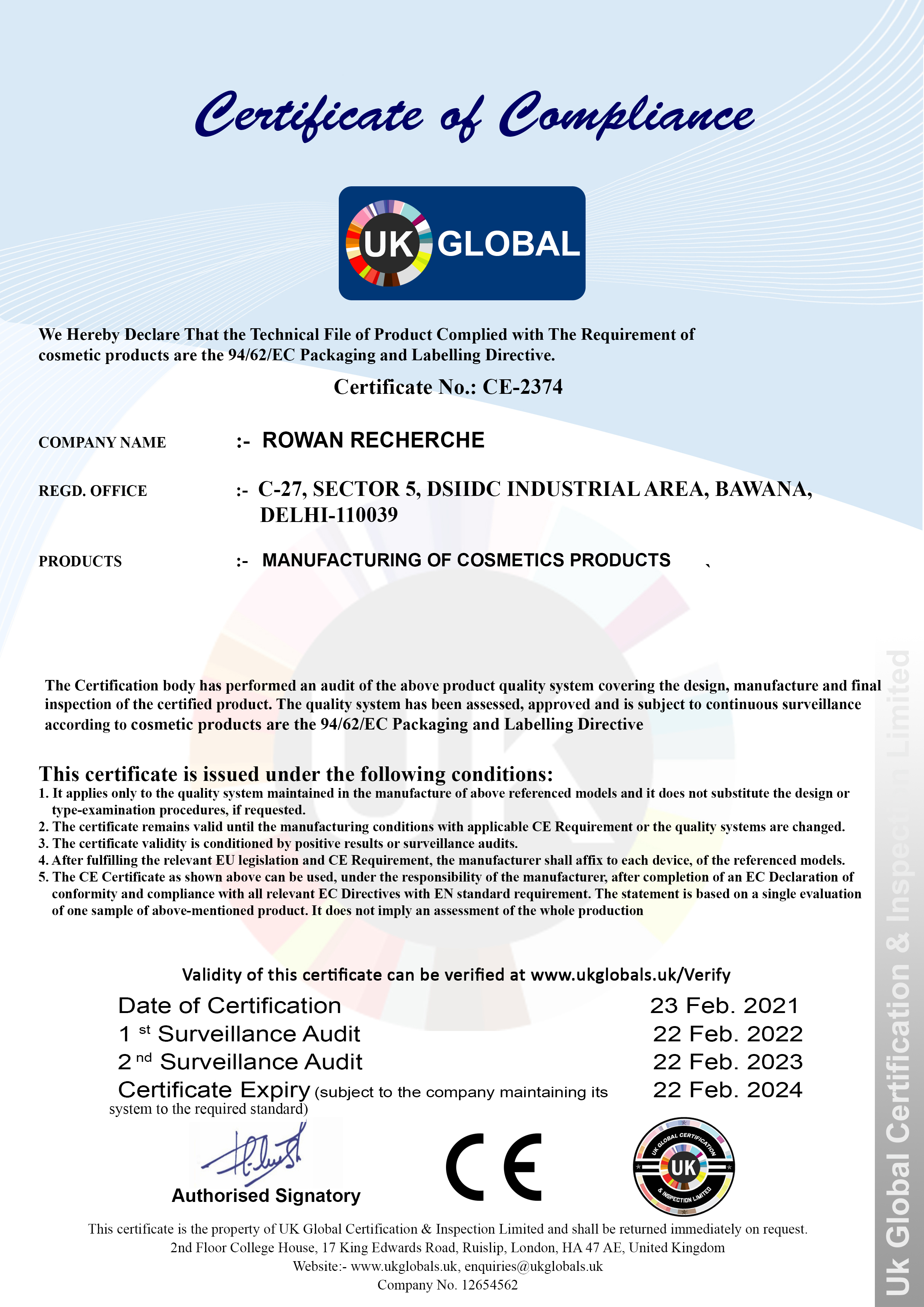 Manufacturing Certificate Rowan Recherche