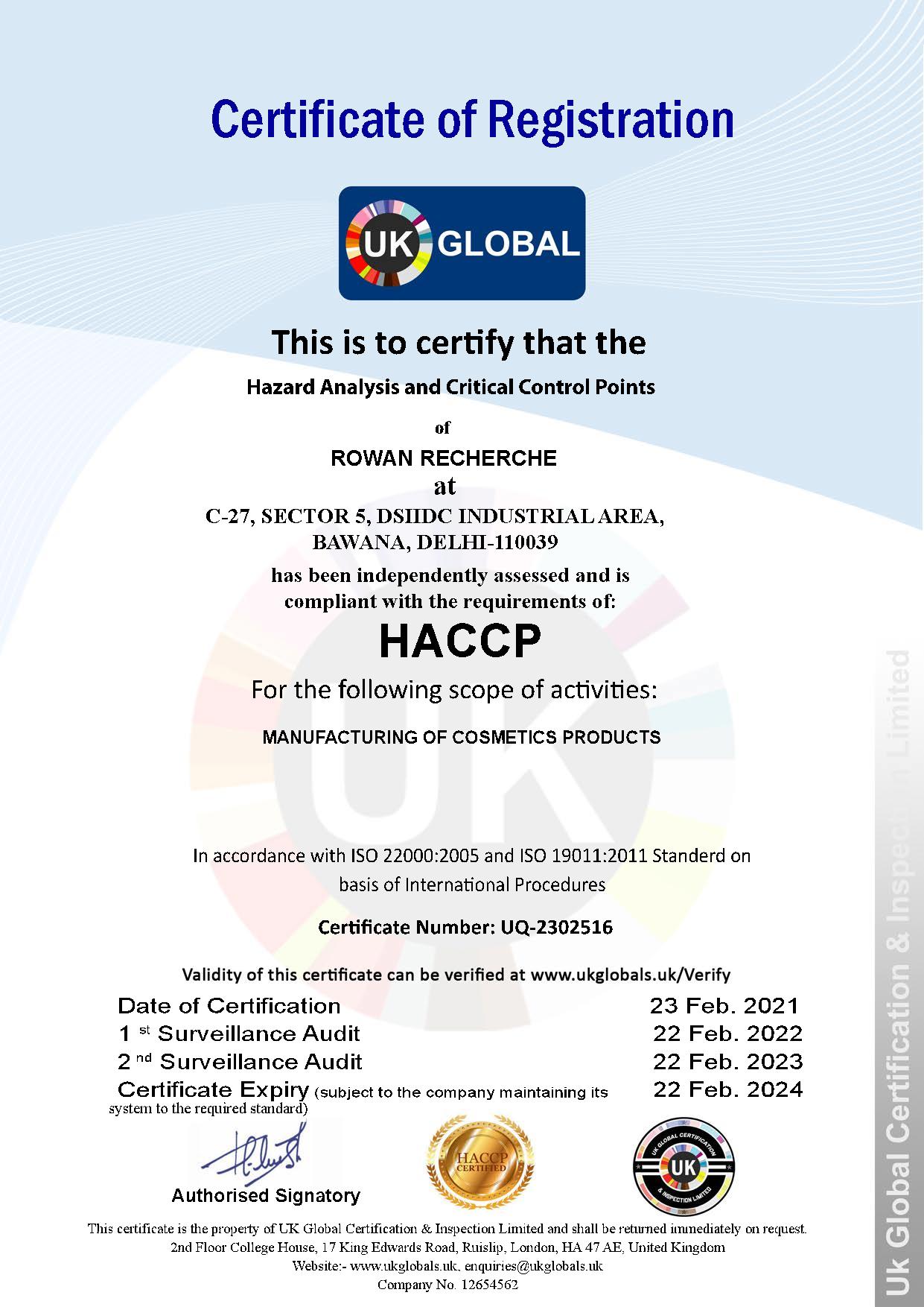 HACCP Certificate Rowan Recherche