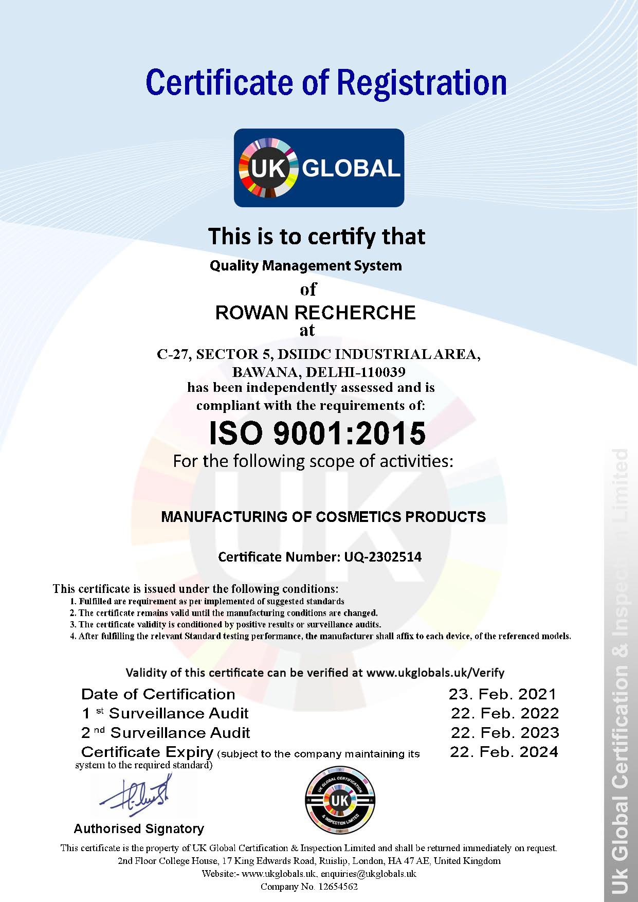 ISO Certificate Rowan Recherche